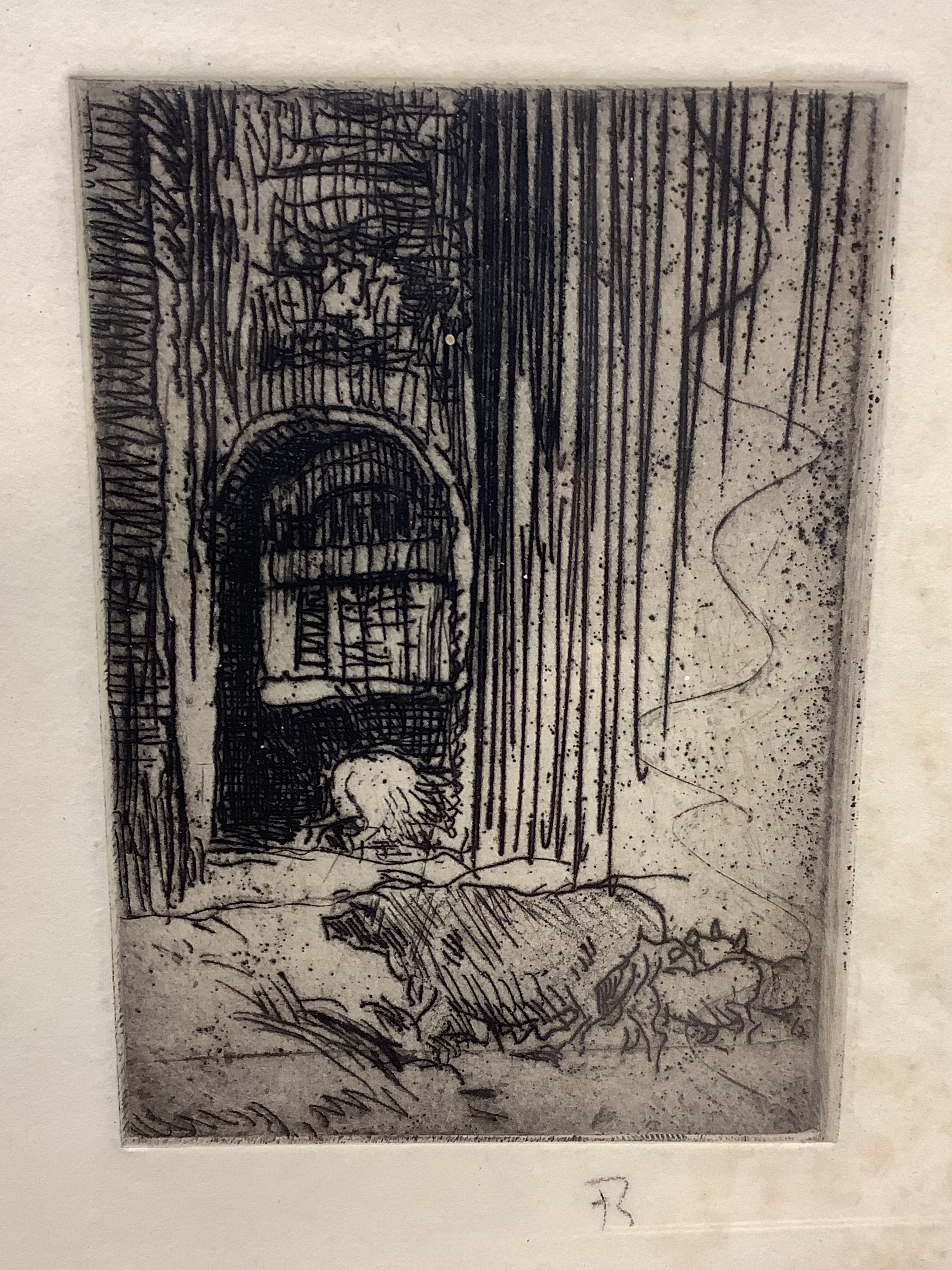 Frank Brangwyn, a collection of eight assorted prints and books; unsigned lithograph, Figures with bridge beyond, 30 x 22cm; etching, Physicians at the bedside, signed in pencil